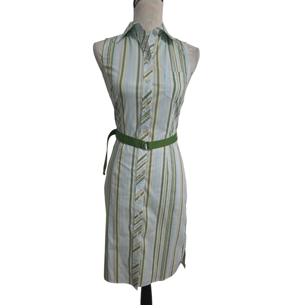 Express Stretch Women Green Blue Striped Sleeveless Belted Shirt Dress Size 1/2